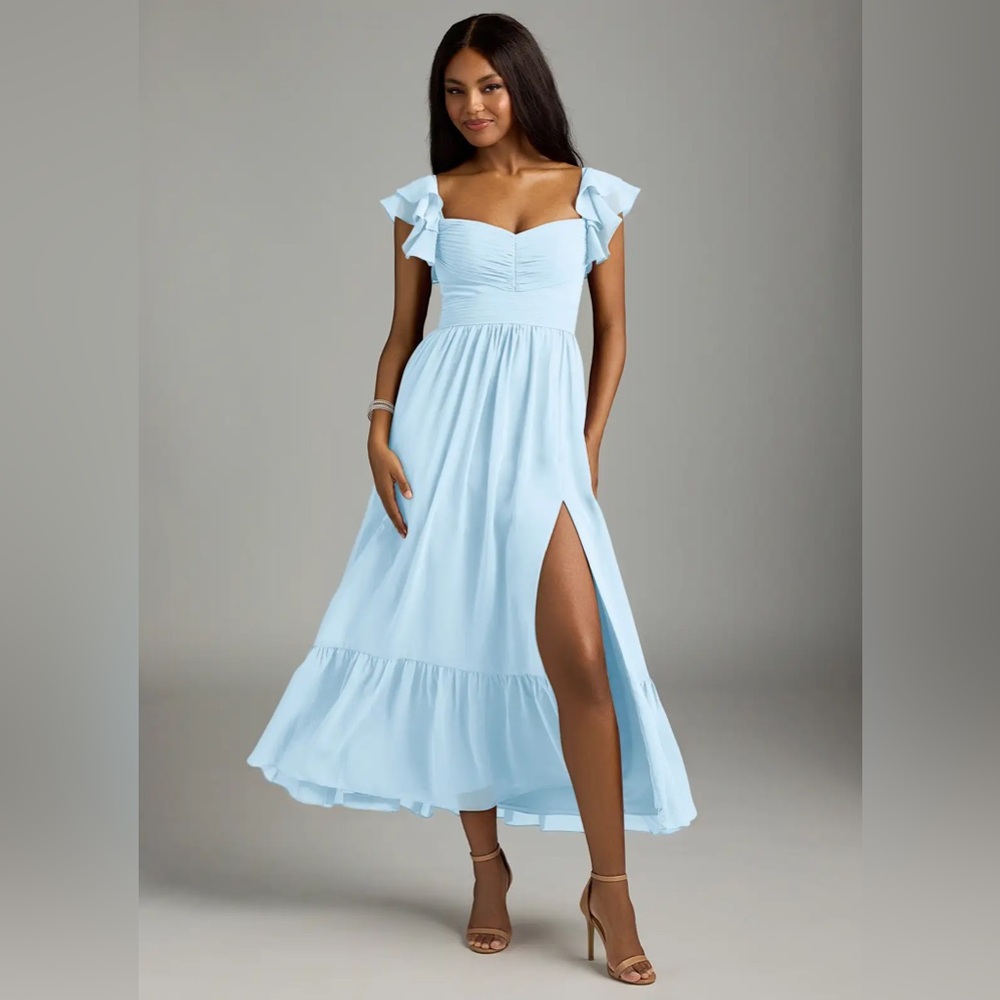 Azazie Anaya Sky Blue Midi Dress with Ruffle Details